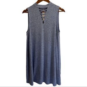 Umgee Dress Ribbed Blue Stretchy High Neck + V Crisscross Button Back Size Small